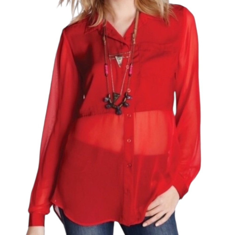 FREE PEOPLE Sheer Red Button Down Top Indie Sleeze Boho Going Out Layer Rave | M